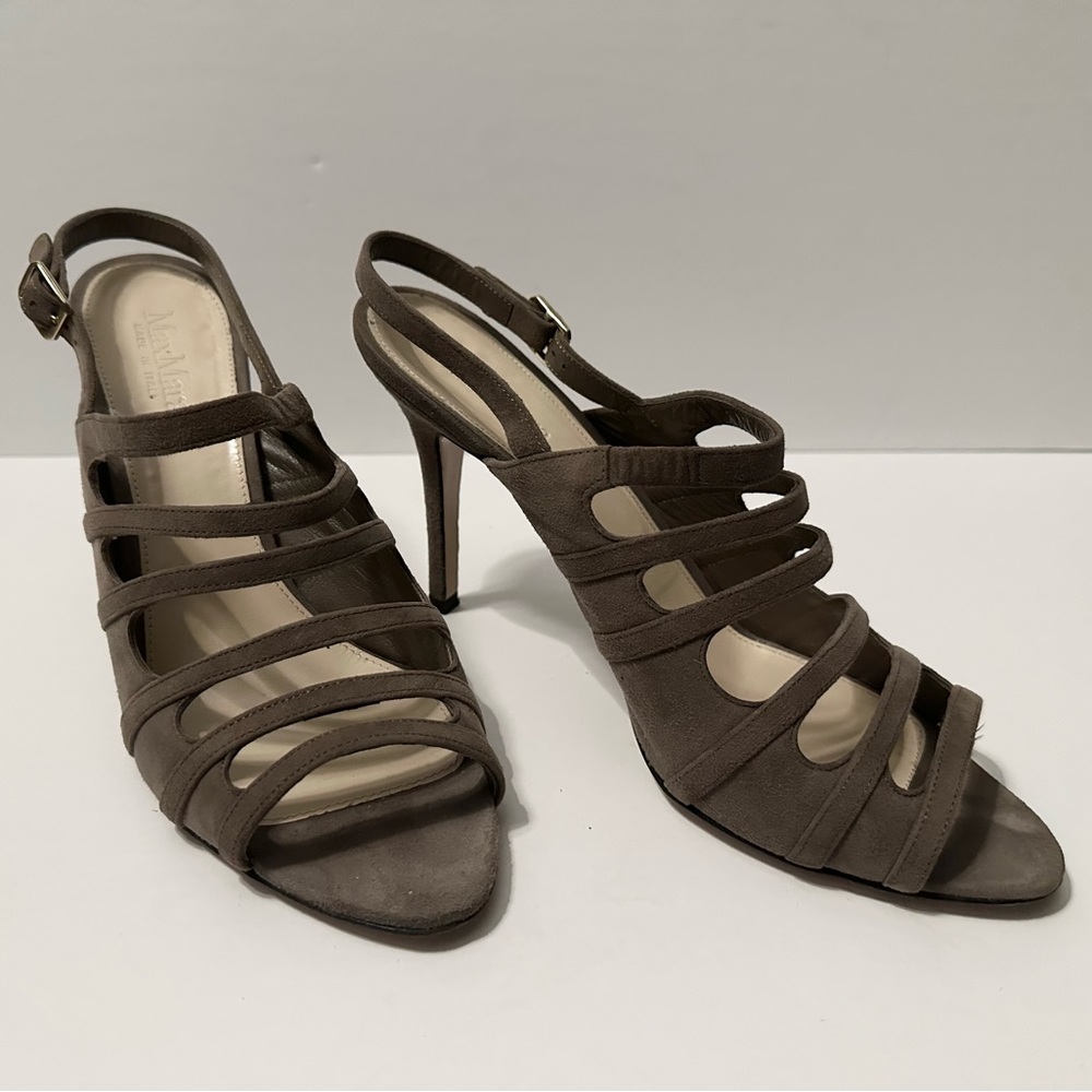 MaxMara Suede Open Toe Cut Out Slingback Dark Beige Heels